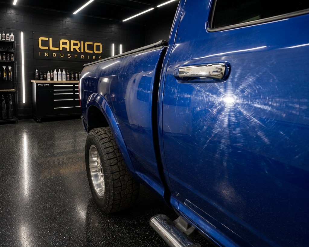 Paint correction on blue truck with swirl marks removed, before